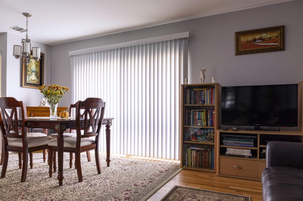 home interior, vertical blinds, sliding door, blinds, window treatment, home, interior, house, traditional look, classic look, room, furniture, house interior, living, table, decor, floor, sofa, tv, gray wall, hardwood floor, persian carpet, carpet, cozy, decoration, vertical blinds, vertical blinds, blinds, blinds, blinds, blinds, blinds, carpet, carpet